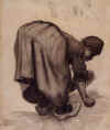 Foto van arenlezende boerin, een tekening van Van Gogh.